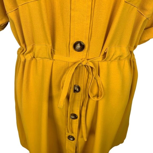 Shein Mustard Yellow Shirtdress Button Up Drawstring Waist High Low Retro L - Picture 2 of 10